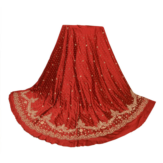 Sanskriti New Dark Red Long Skirt Pure Satin Silk Hand Beaded Lehenga/Fabric