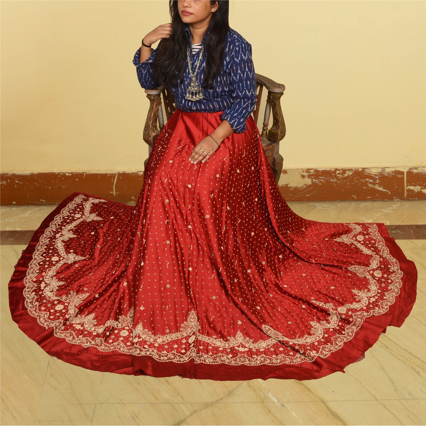 Sanskriti New Dark Red Long Skirt Pure Satin Silk Hand Beaded Lehenga/Fabric
