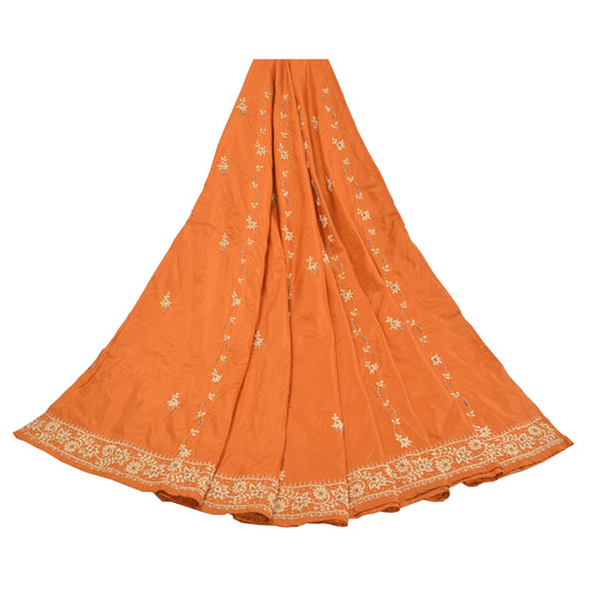 Sanskriti Vintage Orange Long Skirt Pure Silk Orange Handmade Unstitched Lehenga