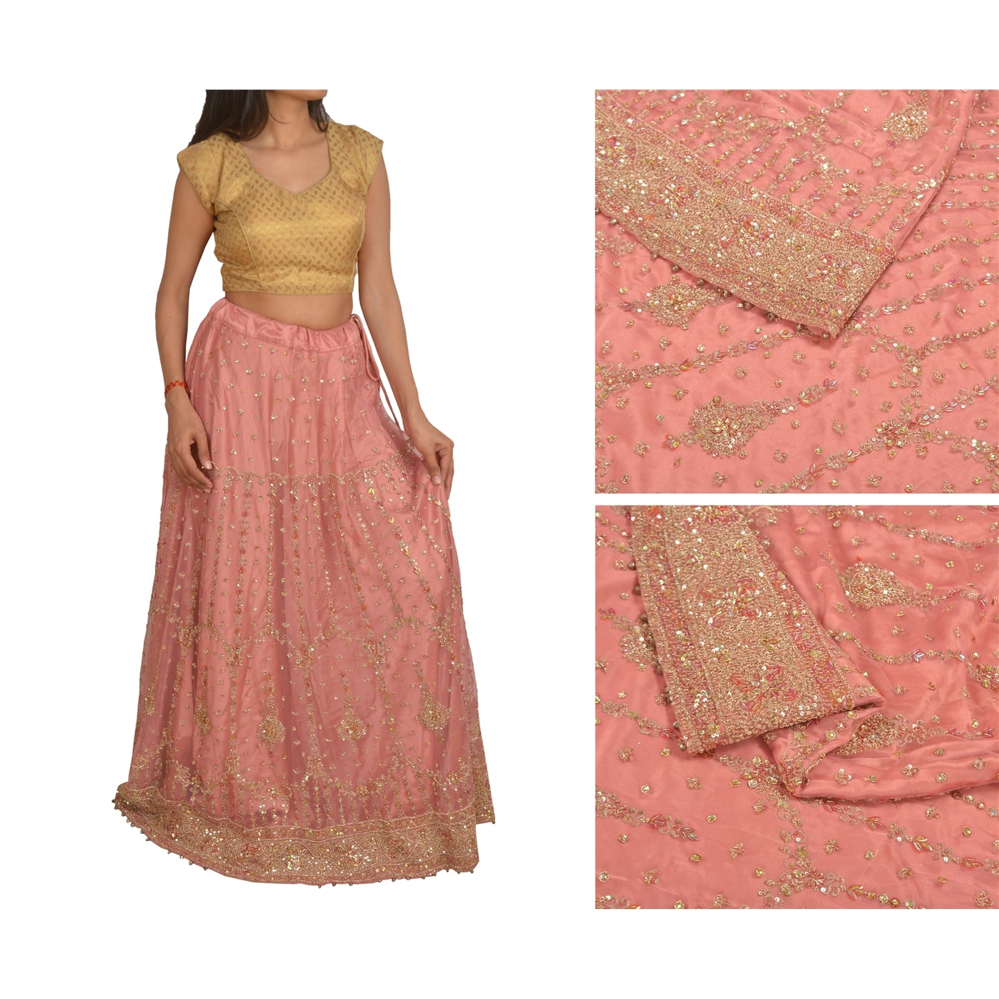 Sanskriti Vintage Long Skirt Net Mesh Pink Hand Bead Zari Dabka Stitched Lehenga