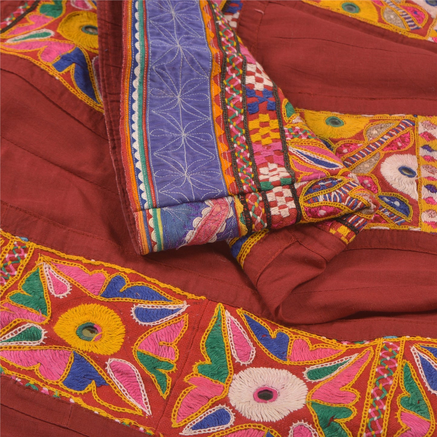 Sanskriti Vintage Red 100% Pure Cotton Skirt Stitched Handmade Kutch Work Gujrat