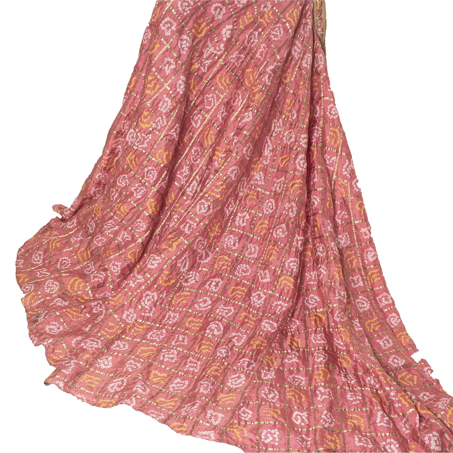 Sanskriti Vintage Long Skirt 100% Pure Silk Pink Bandhani Woven Stitched Lehenga