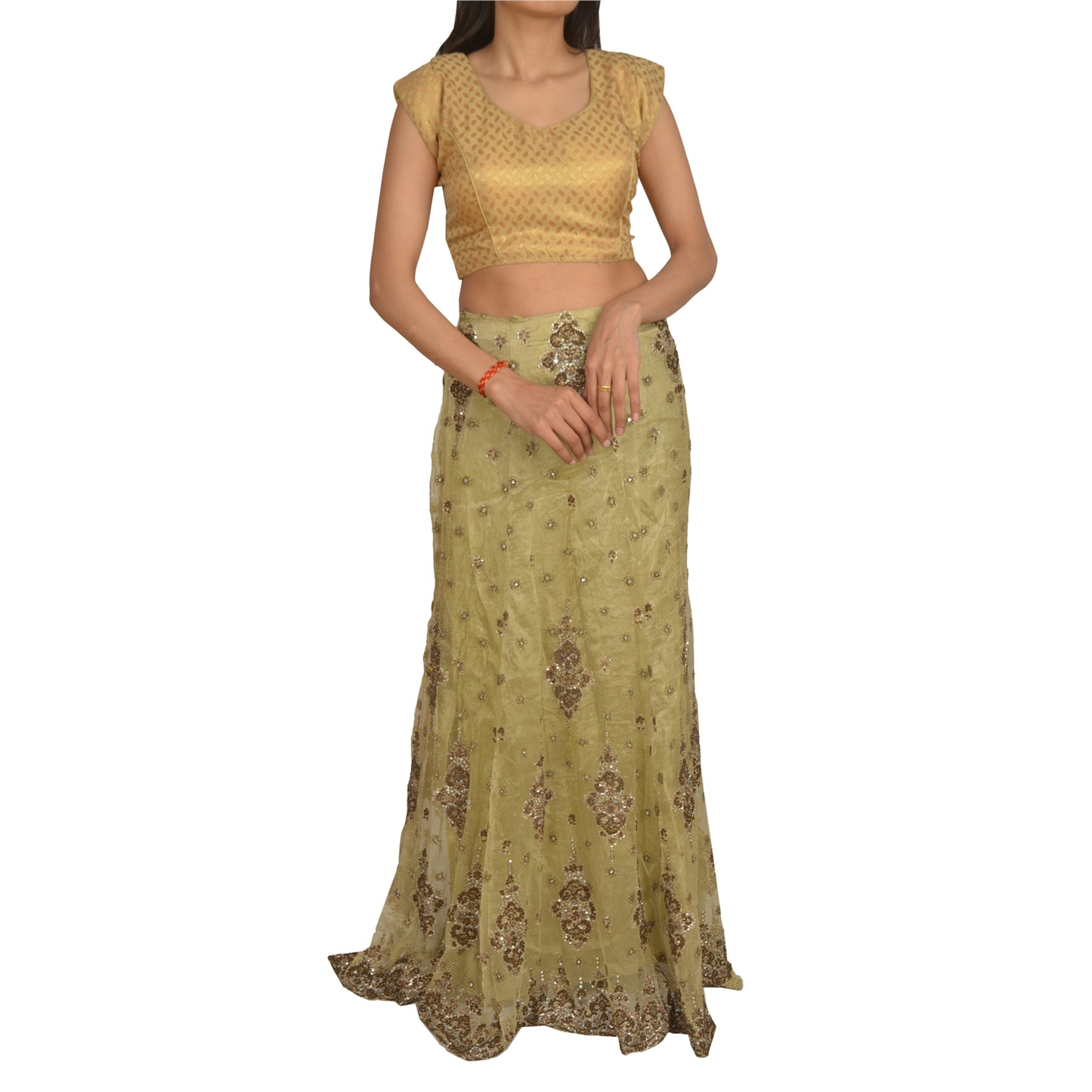 Sanskriti Vintage Long Skirt Net Golden Green Hand Bead Zardozi Stitched Lehenga