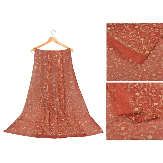 Sanskriti Vintage Orange Net Mesh Long Skirt Unstitched Hand Beaded Bollywood
