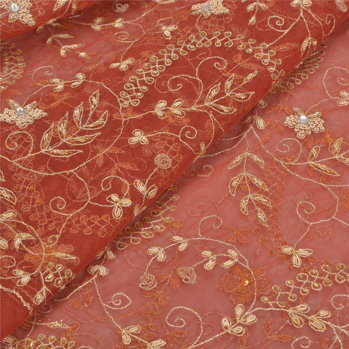 Sanskriti Vintage Orange Net Mesh Long Skirt Unstitched Hand Beaded Bollywood