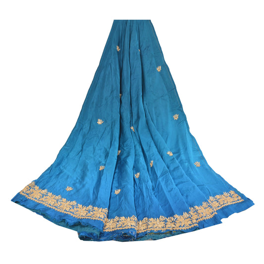 Sanskriti Vintage Long Skirt Pure Satin Silk Blue Handmade Unstitched Lehenga