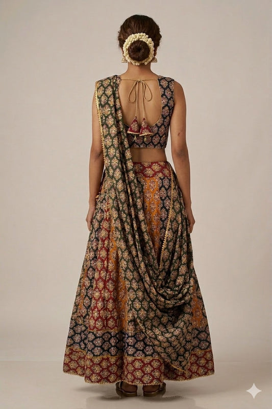 Sanskriti New Multicolor Pure Cotton Skirt Choli Dupatta Set Bagru Hand Block