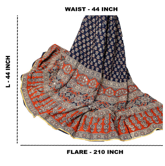 Sanskriti Vintage Blue Pure Cotton Skirt Choli Dupatta Set Bagru Block Printed