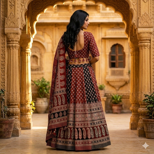 Sanskriti New Brown Pure Cotton Skirt Choli Dupatta Set Ajrakh Hand Block Print