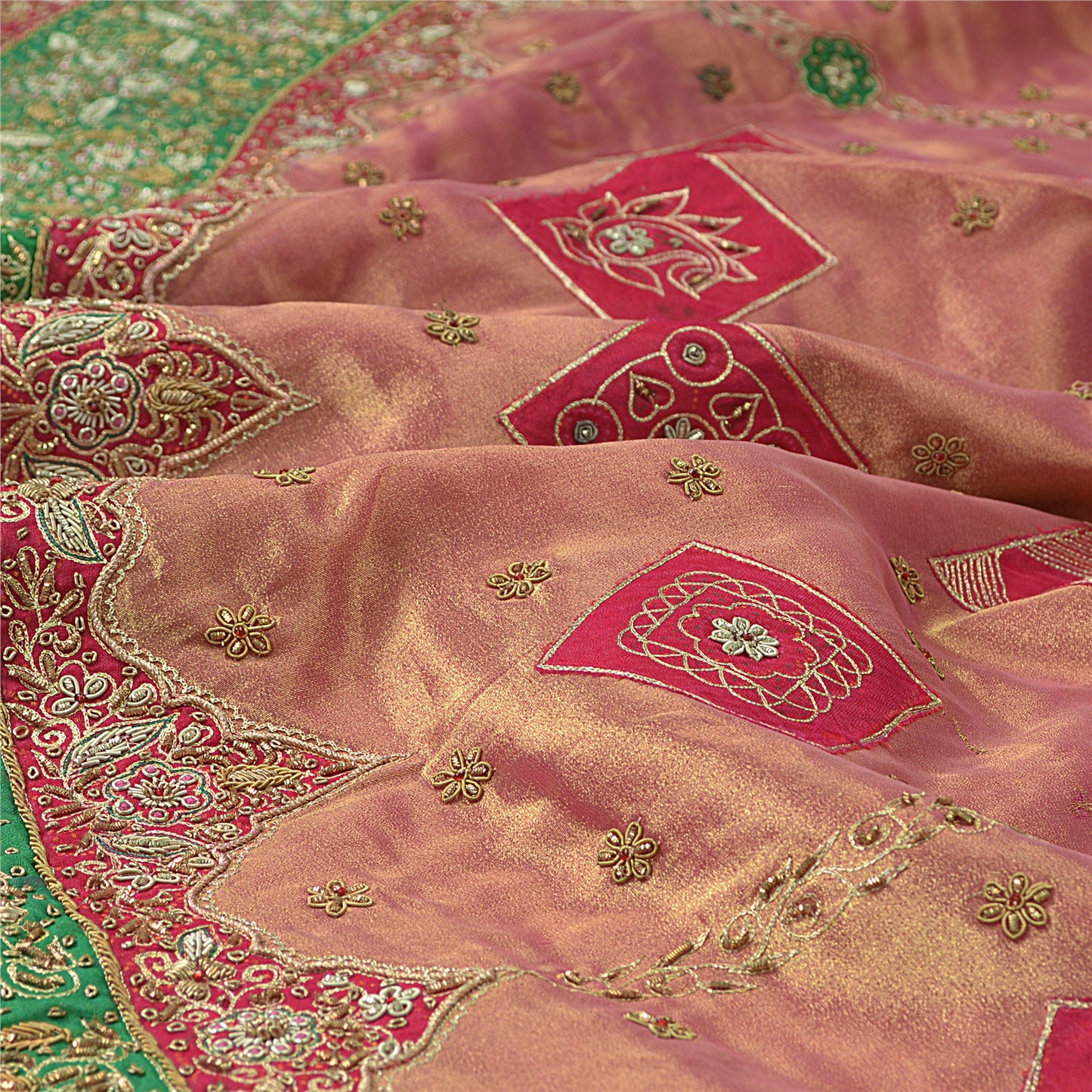 Sanskriti Vintage Indian Bollywood Women Long Skirt Hand Beaded Golden Pink M Size Lehenga