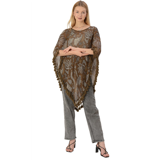 Sanskriti Vintage Limited Edition Green Poncho Georgette Paisley Upcycled Sari Dress Free Size