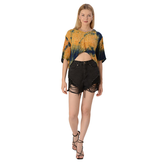 Sanskriti Vintage Limited Edition Hooded Crop Top Upcycled Pure Crepe Silk Blouse