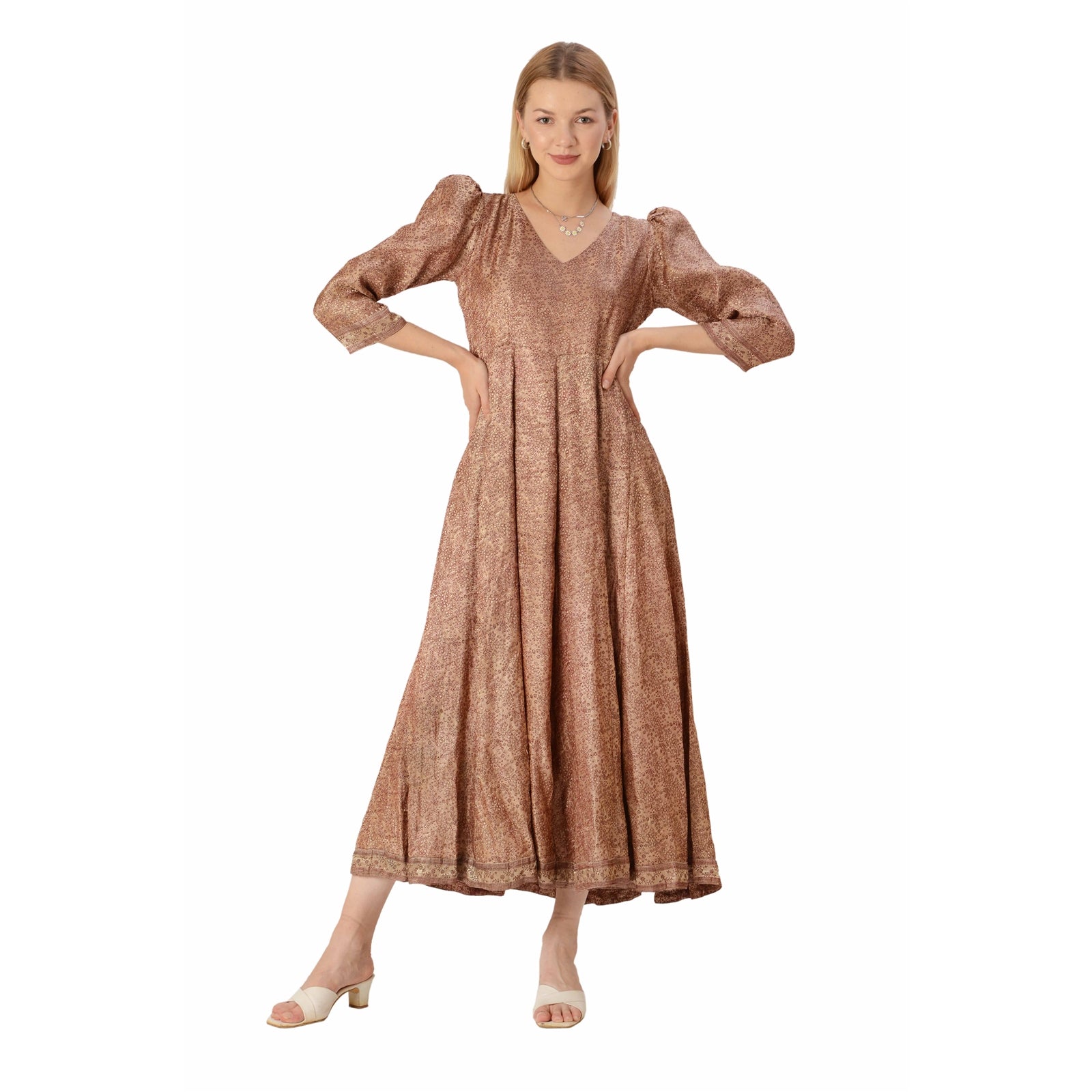 Sanskriti Vintage Limited Edition Rose Gold Satin Silk Dress Upcycled Free Size Golden / Rose Gold Sanskriti Vintage Limited Edition Rose Gold Satin Silk Dress Upcycled Free Size Golden / Rose Gold