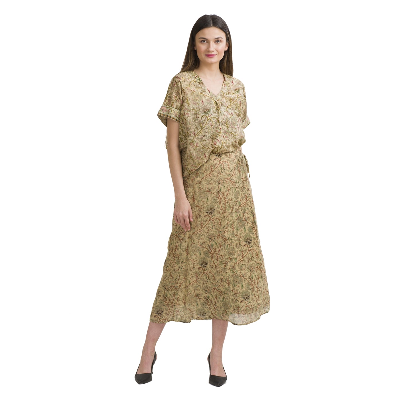 Sanskriti Vintage Long Skirt and Shirt Set Cream Pure Crepe Silk Printed Floral