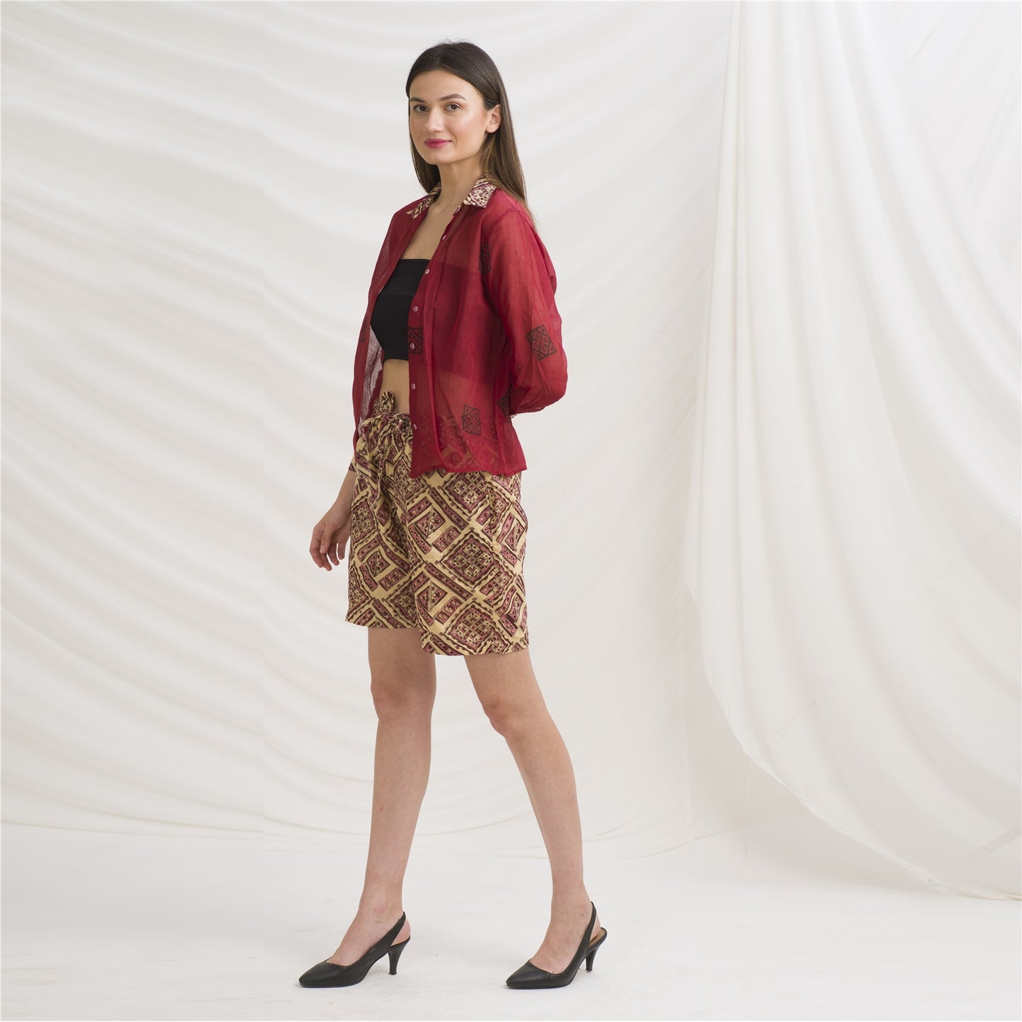 Sanskriti Vintage Shirt and Shorts Set Red Pure Cotton Printed Geometric