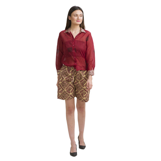 Sanskriti Vintage Shirt and Shorts Set Red Pure Cotton Printed Geometric