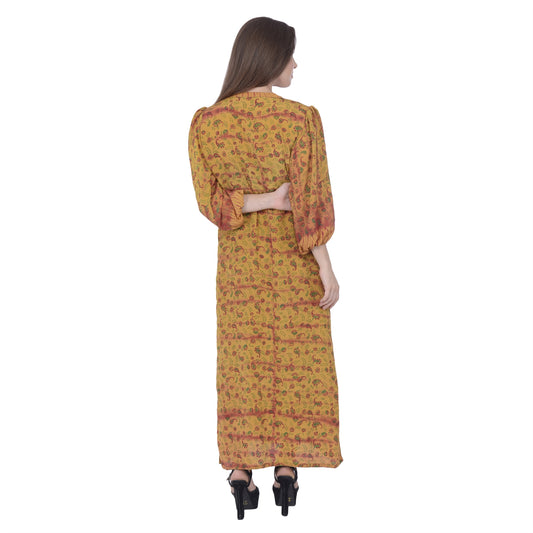 Sanskriti 100% Pure Crepe Silk Mustard Printed Long Dress Casual/Beach Wear