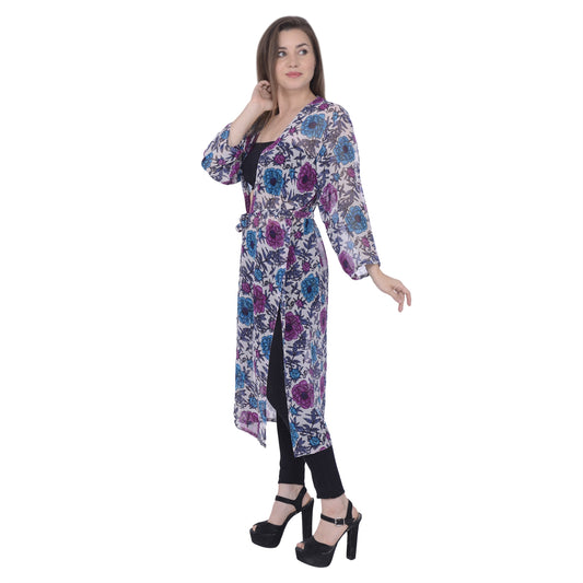 Sanskriti 100% Pure Georgette White Floral Printed Long Shrug Casual/Beach Wear