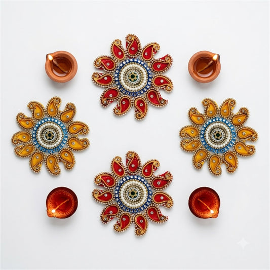 Sanskriti Handcraft Acrylic Kundan Rangoli Set 4pc – Reusable Diwali Floor Decor