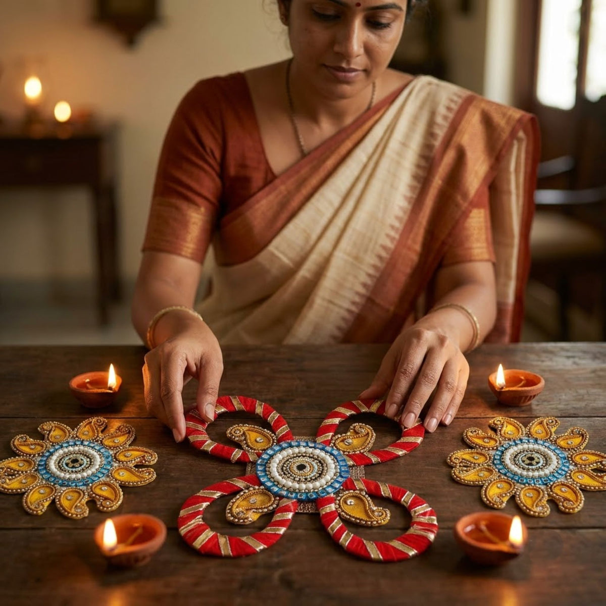 Sanskriti Handcraft Acrylic Kundan Rangoli Set 3pc – Reusable Diwali Floor Decor