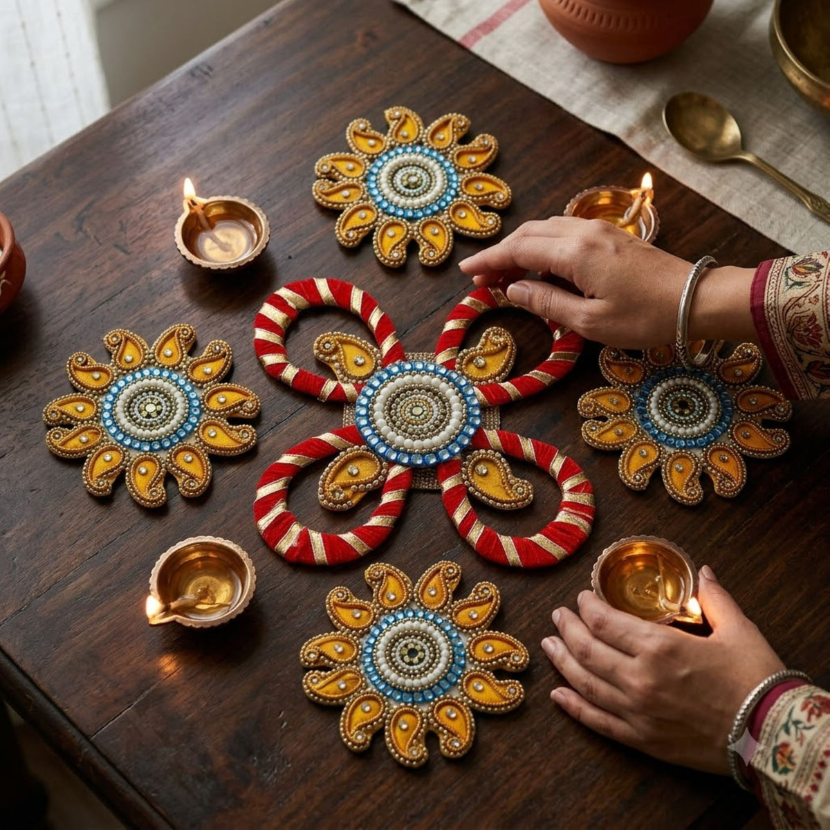 Sanskriti Handcraft Acrylic Kundan Rangoli Set 5pc – Reusable Diwali Floor Decor