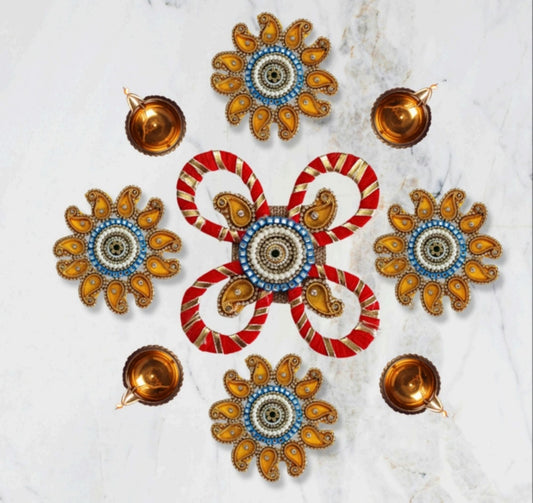 Sanskriti Handcraft Acrylic Kundan Rangoli Set 5pc – Reusable Diwali Floor Decor
