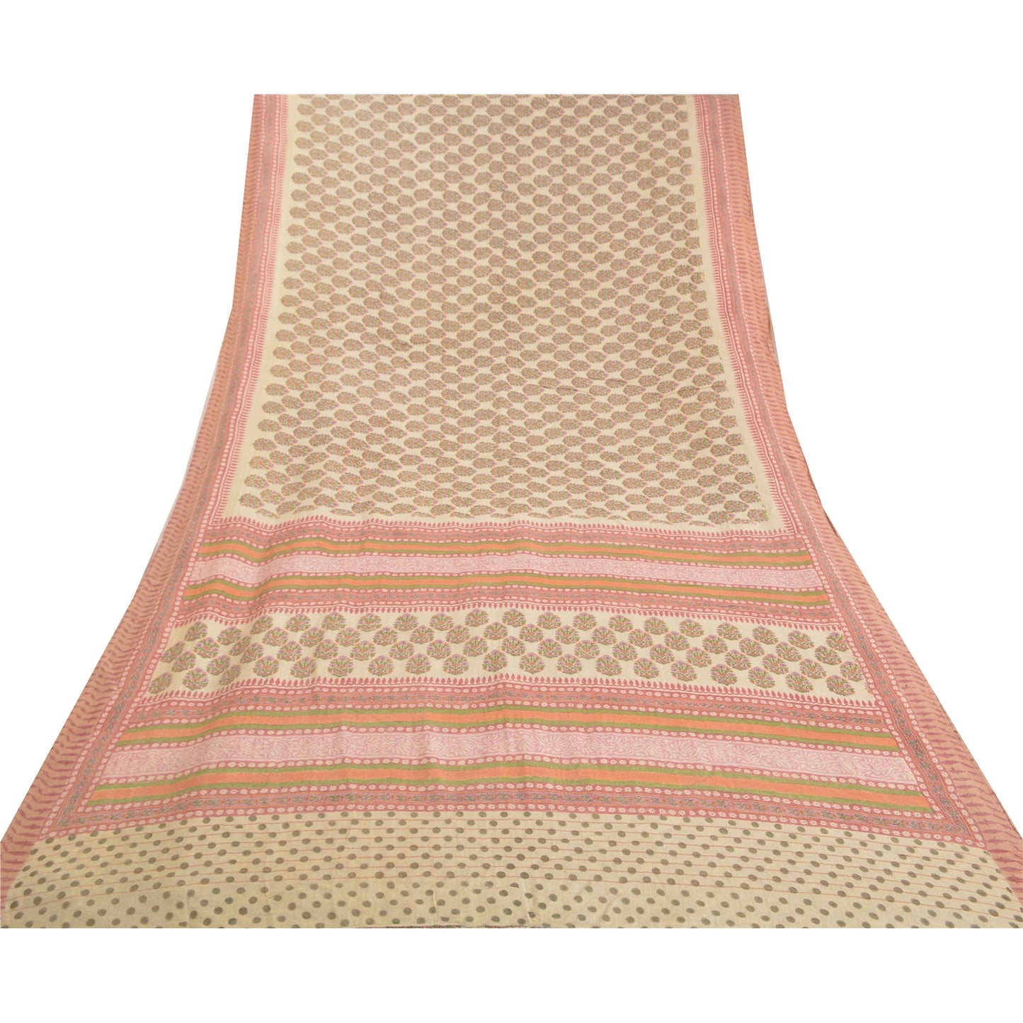 Sanskriti Vintage Indian Sari 100% Pure Woolen Ivory/Pink Fabric Printed Sarees