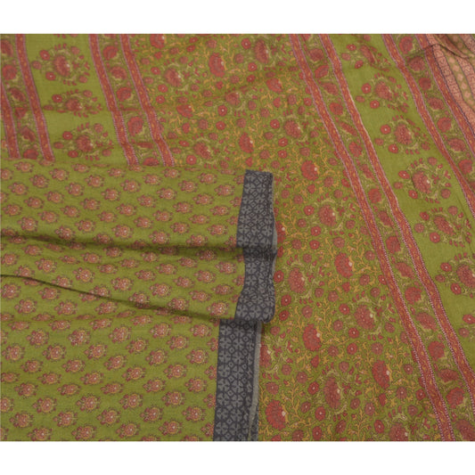 Sanskriti Vintage Green Indian Sari 100% Pure Woolen Sustainable Fabric Printed Sarees