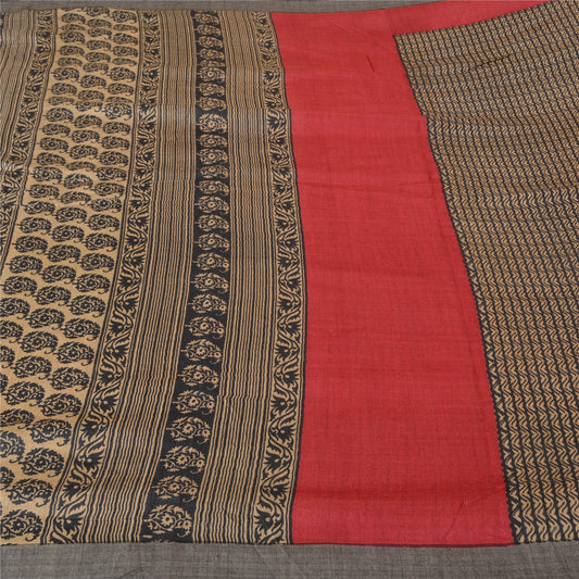 Sanskriti Vintage Sari 100% Pure Woolen Brown Saree Printed Warm 5yd Craft Fabric