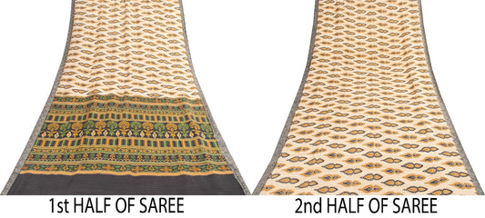 Sanskriti Vintage Ivory Heavy Indian Sarees 100% Pure Woolen Sustainable Fabric Printed Sari