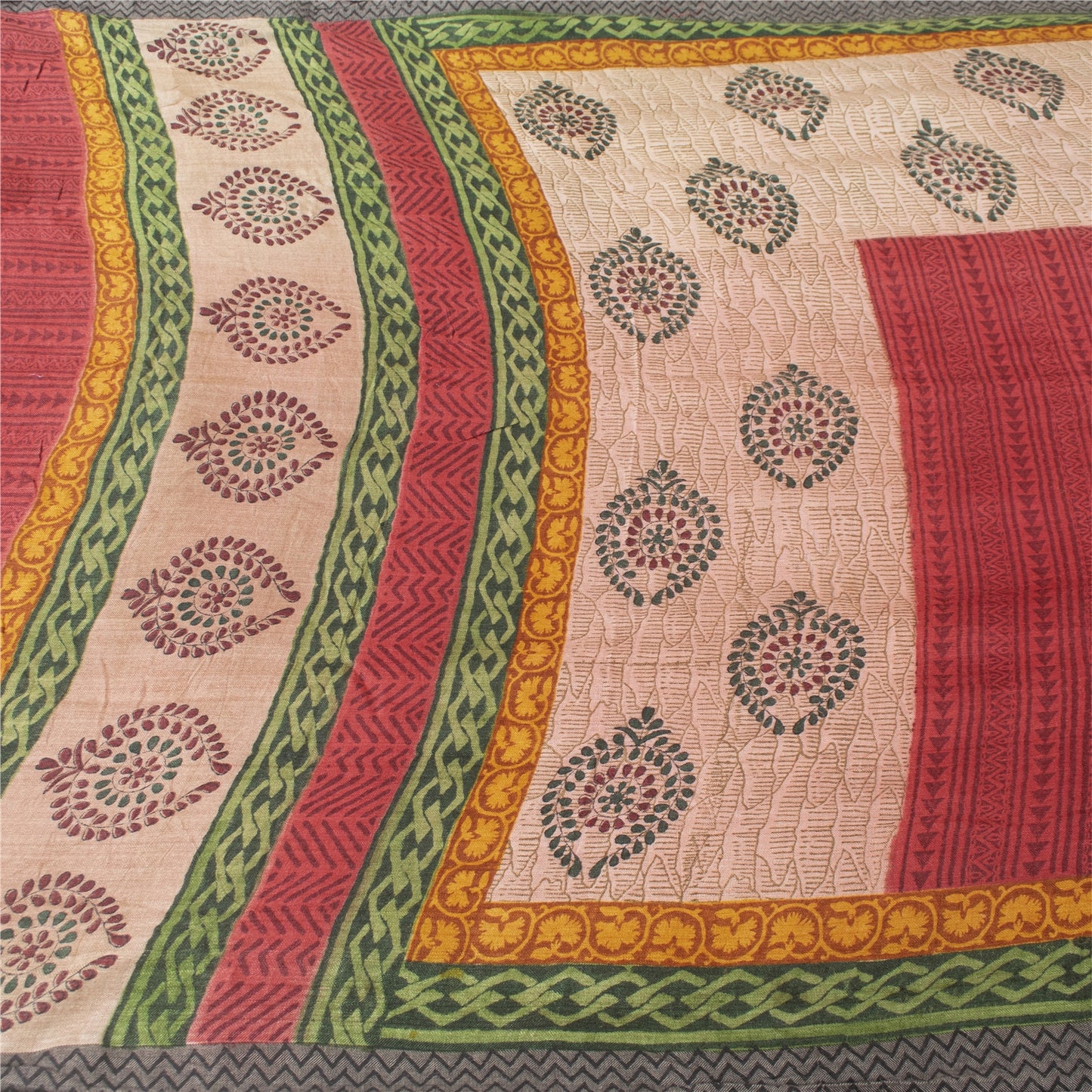 Sanskriti Vintage Red & Pink Sarees Pure Woolen Block-Printed Sari Indian Fabric