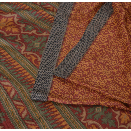 Sanskriti Vintage Sarees Red/Yellow Pure Woolen Printed Sari 5yd Craft Sustainable Fabric