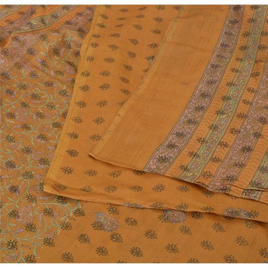Sanskriti Vintage Sarees Indian Saffron Pure Woolen Print Sari 5yd Craft Sustainable Fabric