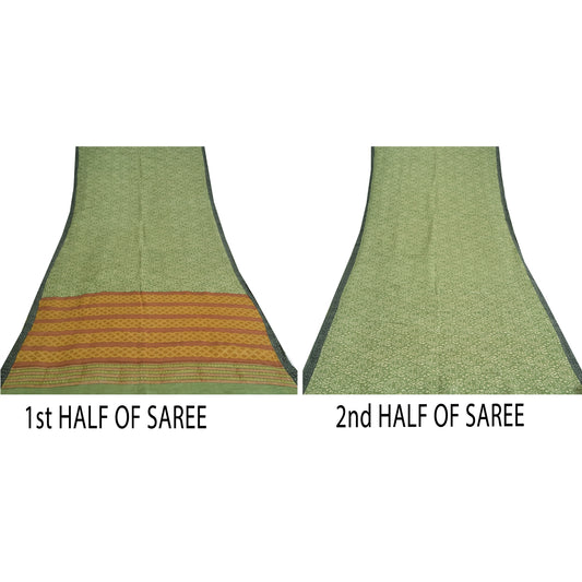 Sanskriti Vintage Sarees Indian Green Pure Woolen Printed Sari 5yd Craft Sustainable Fabric