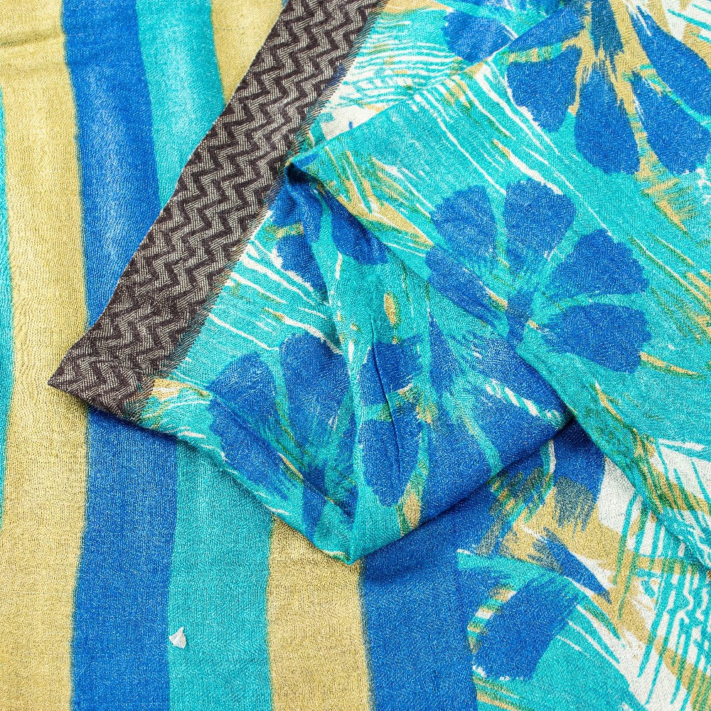 Sanskriti Vintage Blue Saree Pure Woolen Floral Printed Sari 5.5+YD Craft Fabric