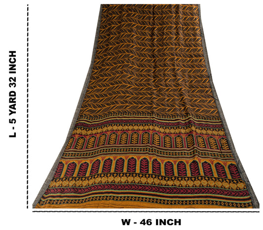 Sanskriti Vintage Soft Brown Pure Woolen Saree Leaf Printed Sari 5.5+YD Fabric