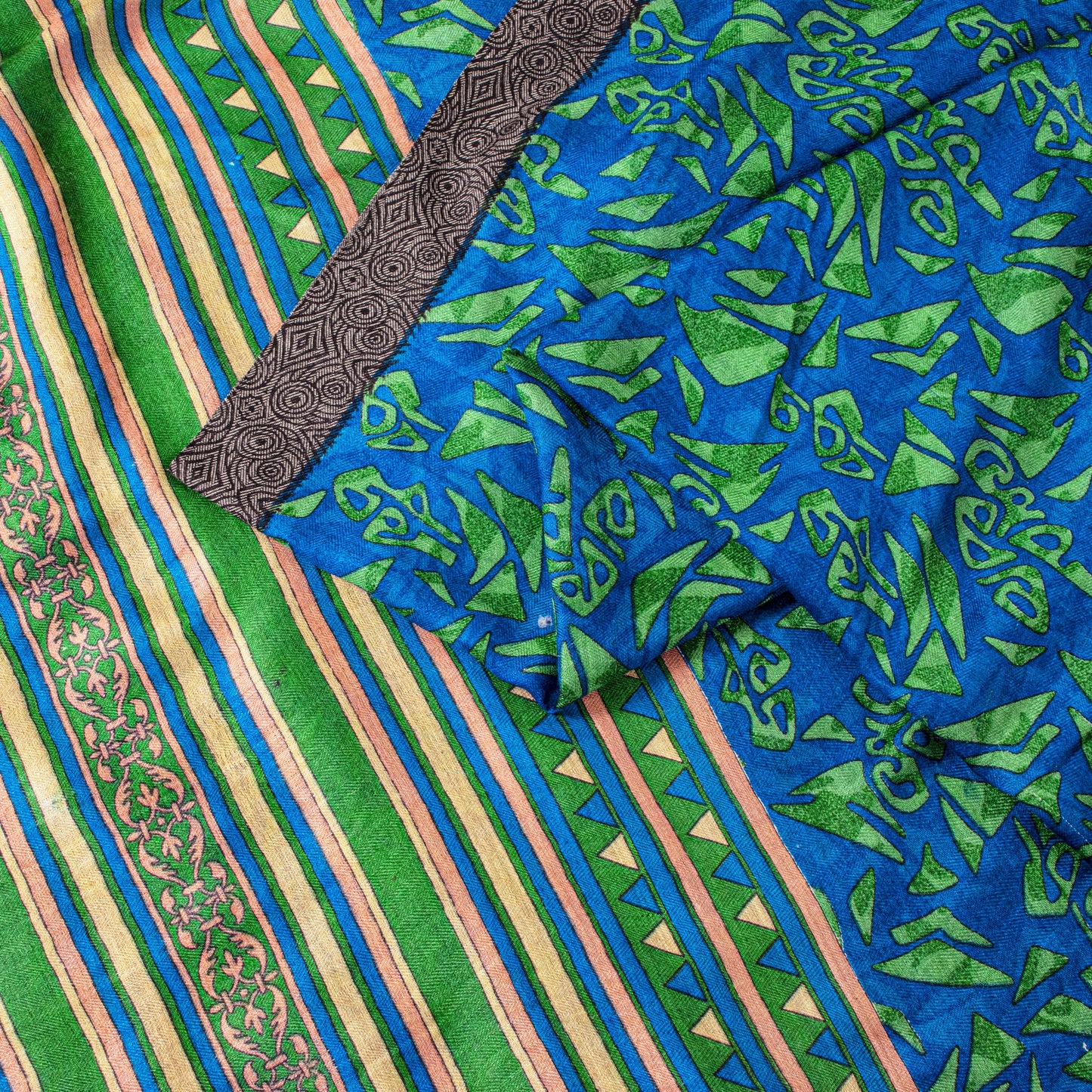 Sanskriti Vintage Soft Blue Pure Woolen Saree Foliage Geometric Print Sari 6+YD