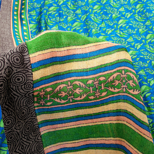 Sanskriti Vintage Soft Blue Pure Woolen Saree Foliage Geometric Print Sari 6+YD