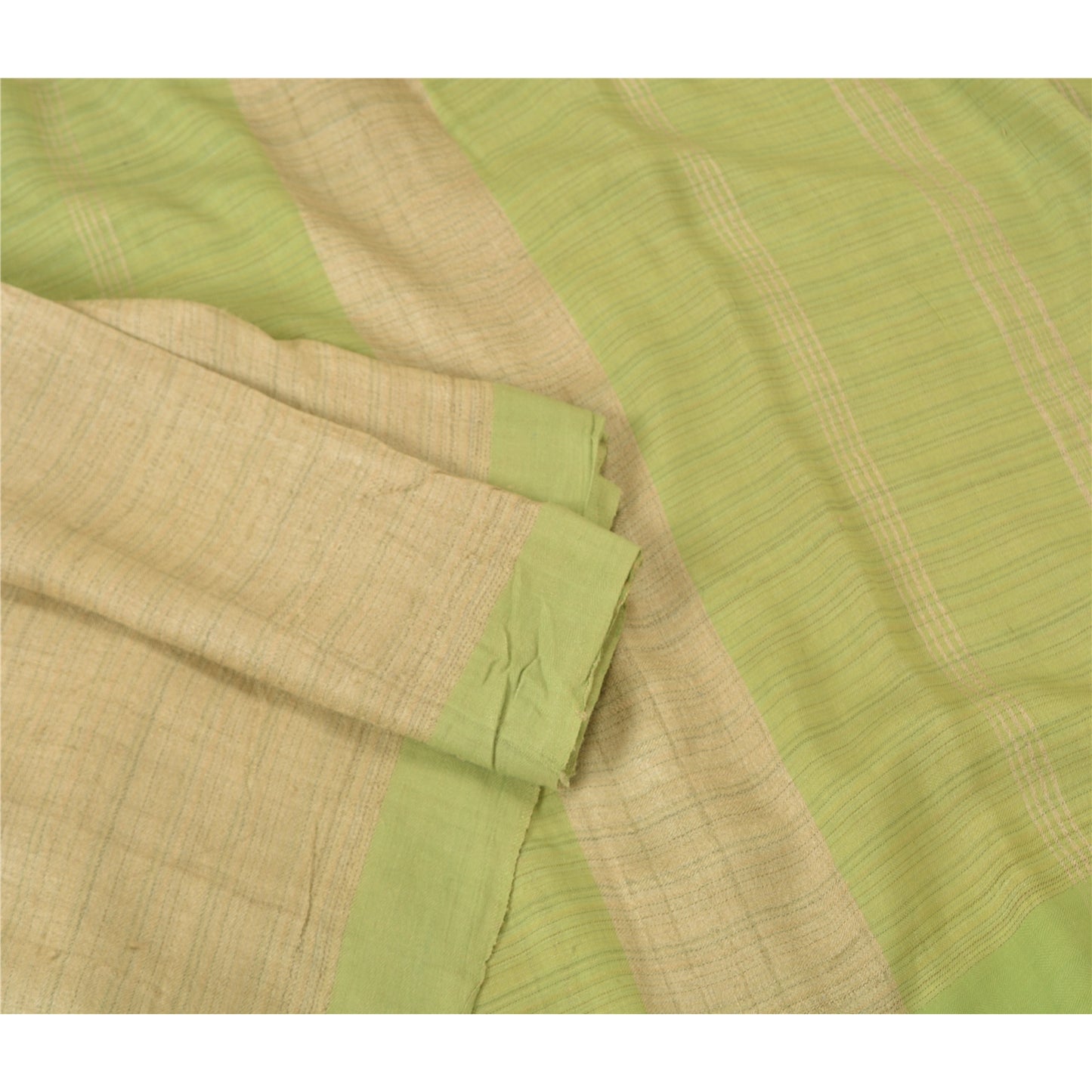 Sanskriti Vintage Saree Pure Woolen Beige-Green Woven Sari 6YD Soft Craft Fabric