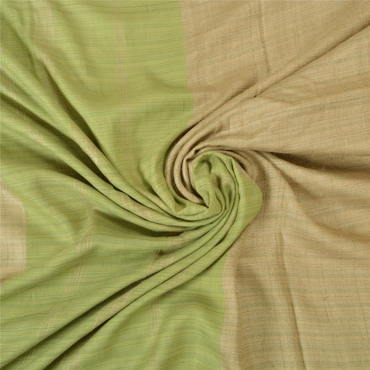 Sanskriti Vintage Saree Pure Woolen Beige-Green Woven Sari 6YD Soft Craft Fabric