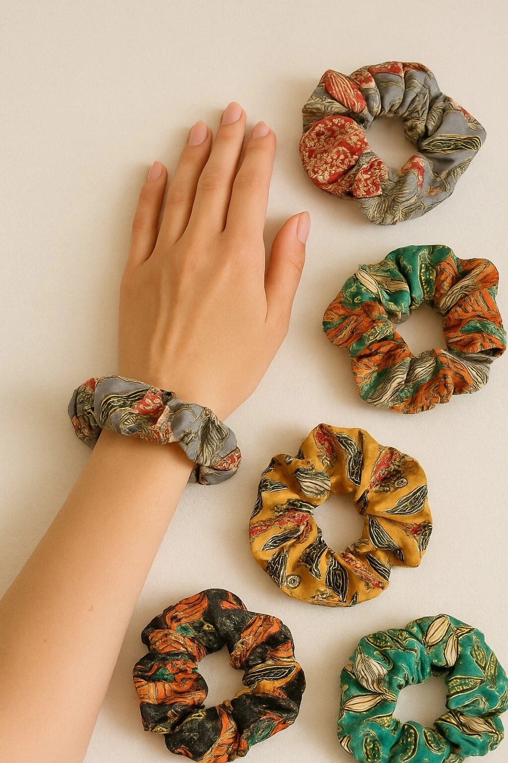 Sanskriti Vintage Handmade Silk 5/10 Pcs Scrunchies Upcycled Silk Hair Ties, Assorted Colors Eco Friendly Soft Oversized Ponytail Holders