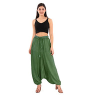 Skirts N Scarves Unisex Green Color Harem Pants with Elastic Waistband and Drawstring