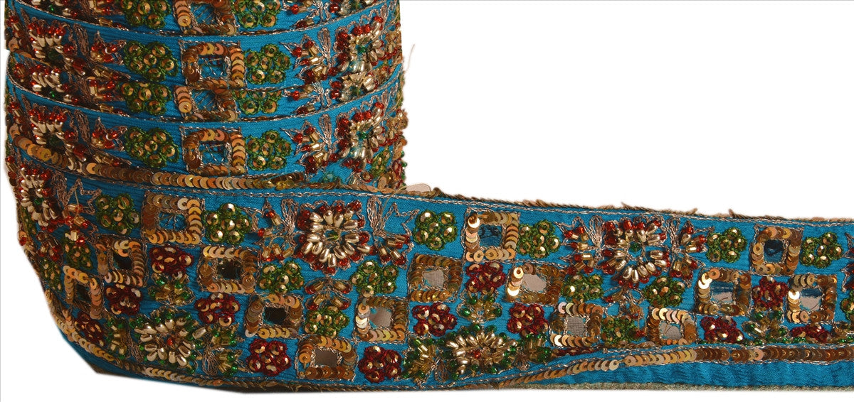 Sanskriti Vintage Saree Border Hand Beaded Indian Craft Trims Lace 3.2"W +1 Yard