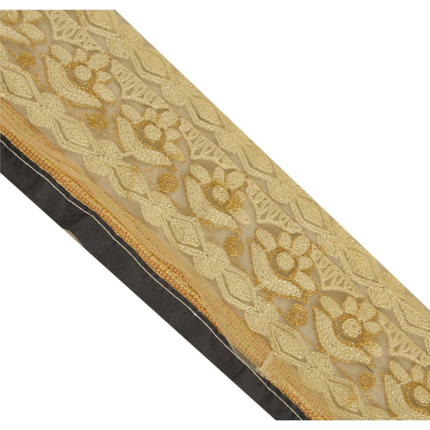 Sanskriti Vintage 1 Yd Sari Border Hand Beaded Trim Craft Cream Rhinestone Lace