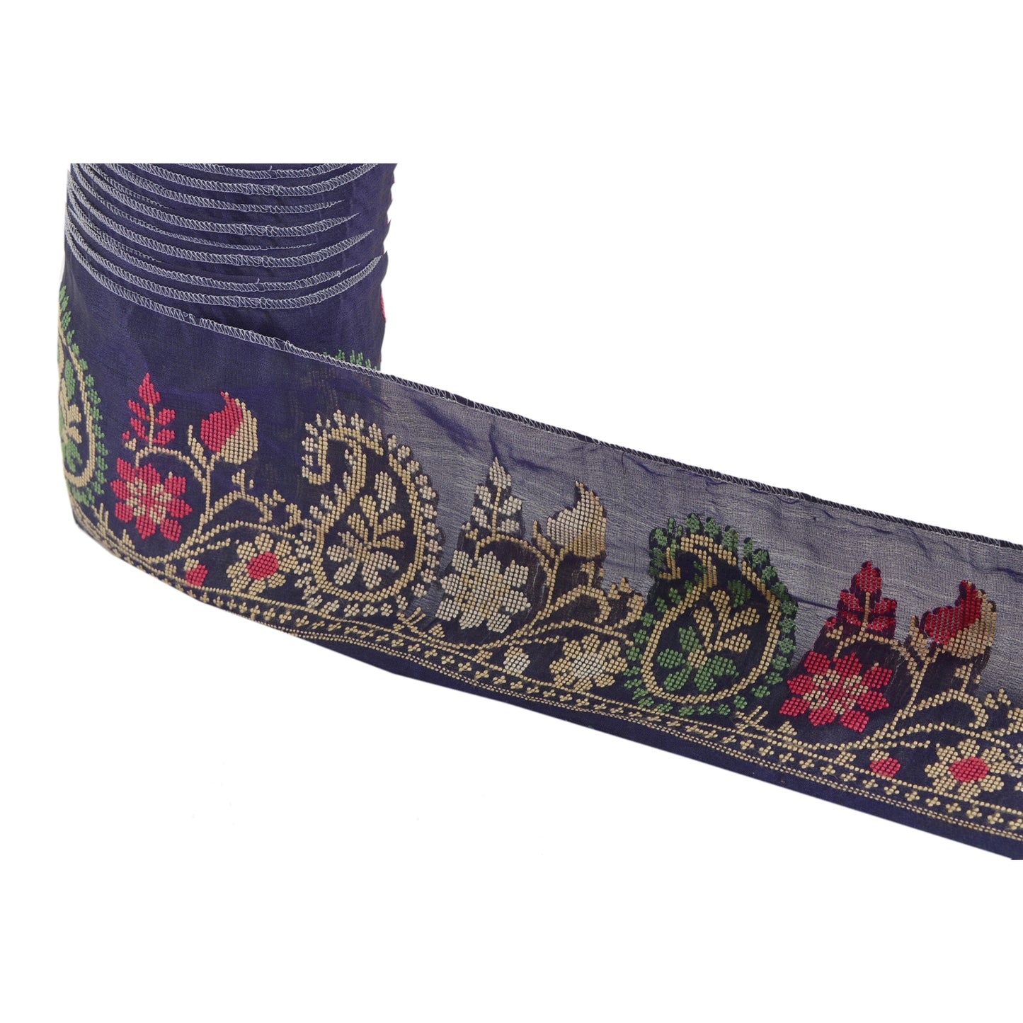 Sanskriti Vintage 1 Yd Sari Border Hand Woven Blue Craft Trims Deco Paisley Lace