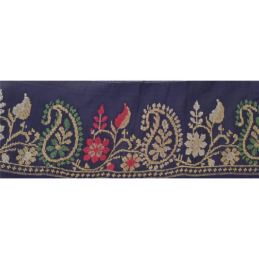 Sanskriti Vintage 1 Yd Sari Border Hand Woven Blue Craft Trims Deco Paisley Lace