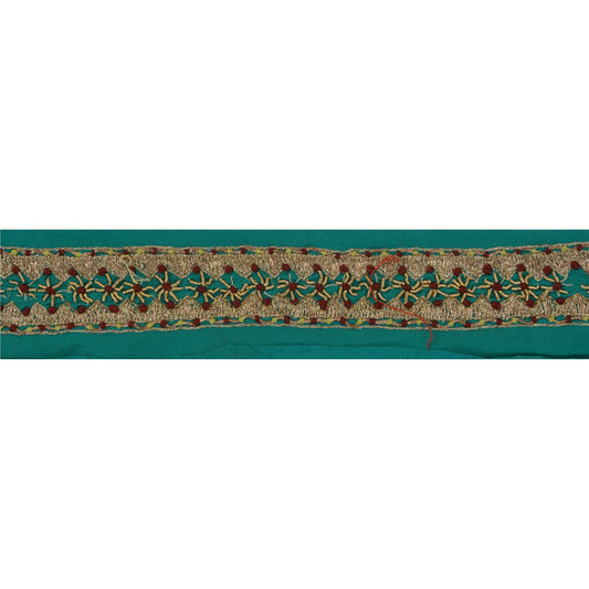 Sanskriti Vintage 1 Yd Sari Border Hand Embroidered Ribbon Green Craft Lace
