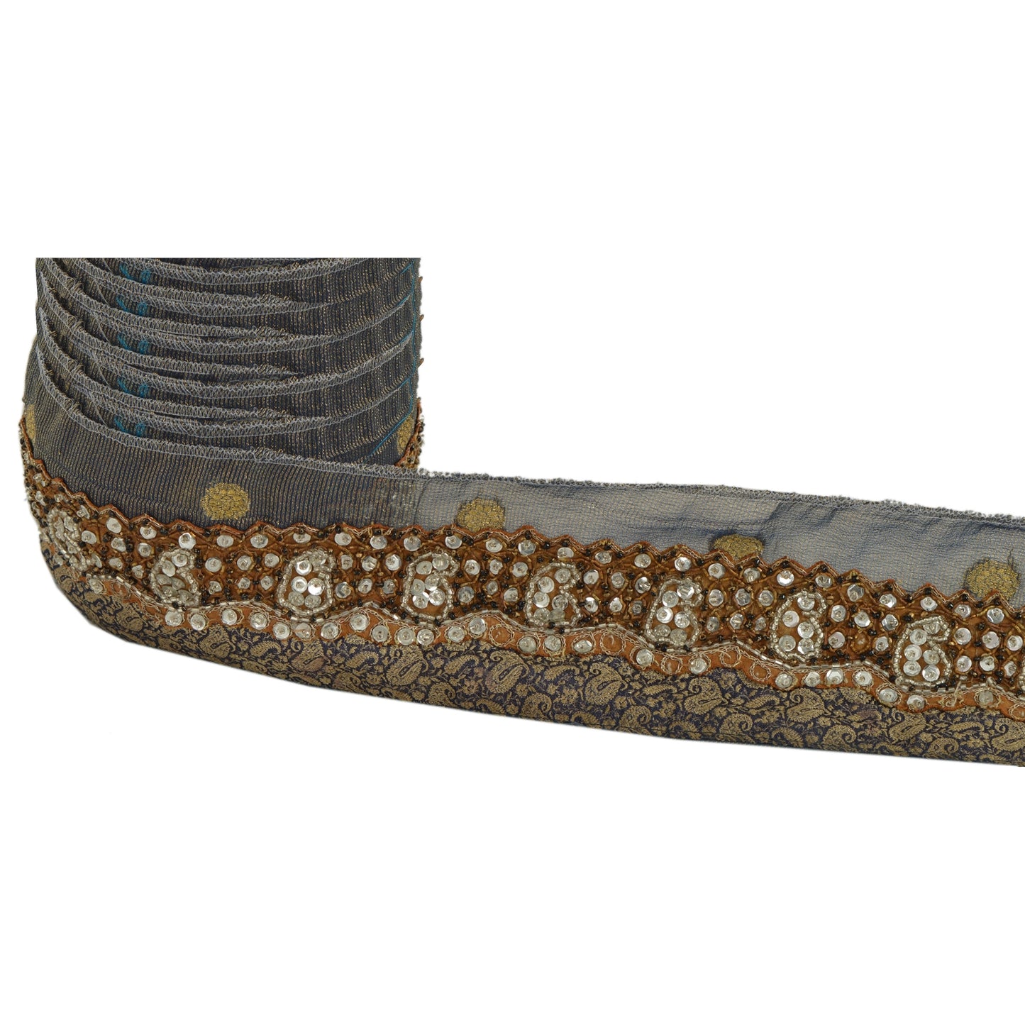 Sanskriti Vintage 1 Yd Sari Kant Håndperlet Vævet Kant Sykunst Blå Blonde