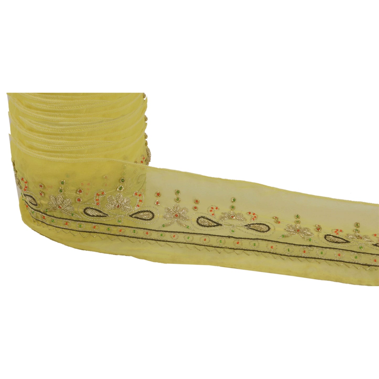 Sanskriti Vintage 1 Yd Sari Border Hand Beaded Trim Sewing Yellow Craft Lace
