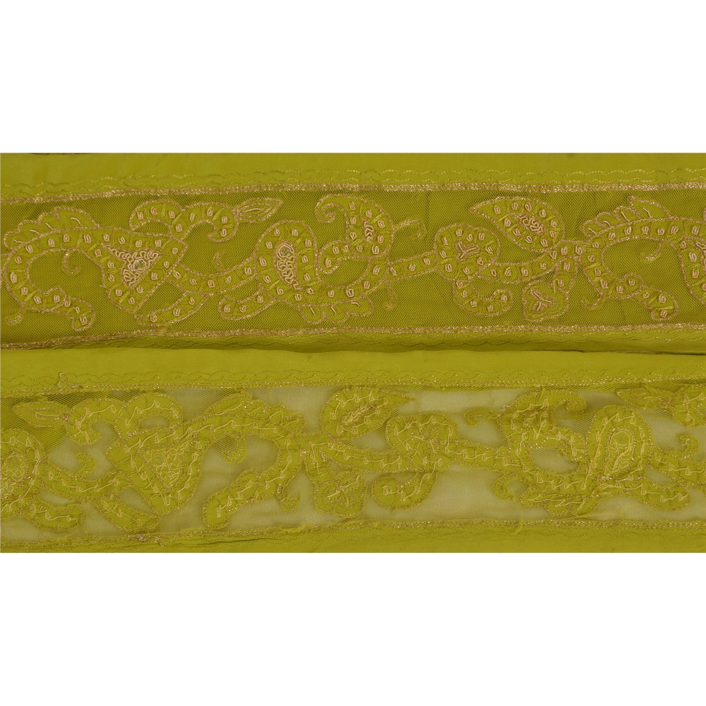 Sanskriti Vintage Sari Border Craft Green Trim Hand Embroidered 1 Yd Zari Lace
